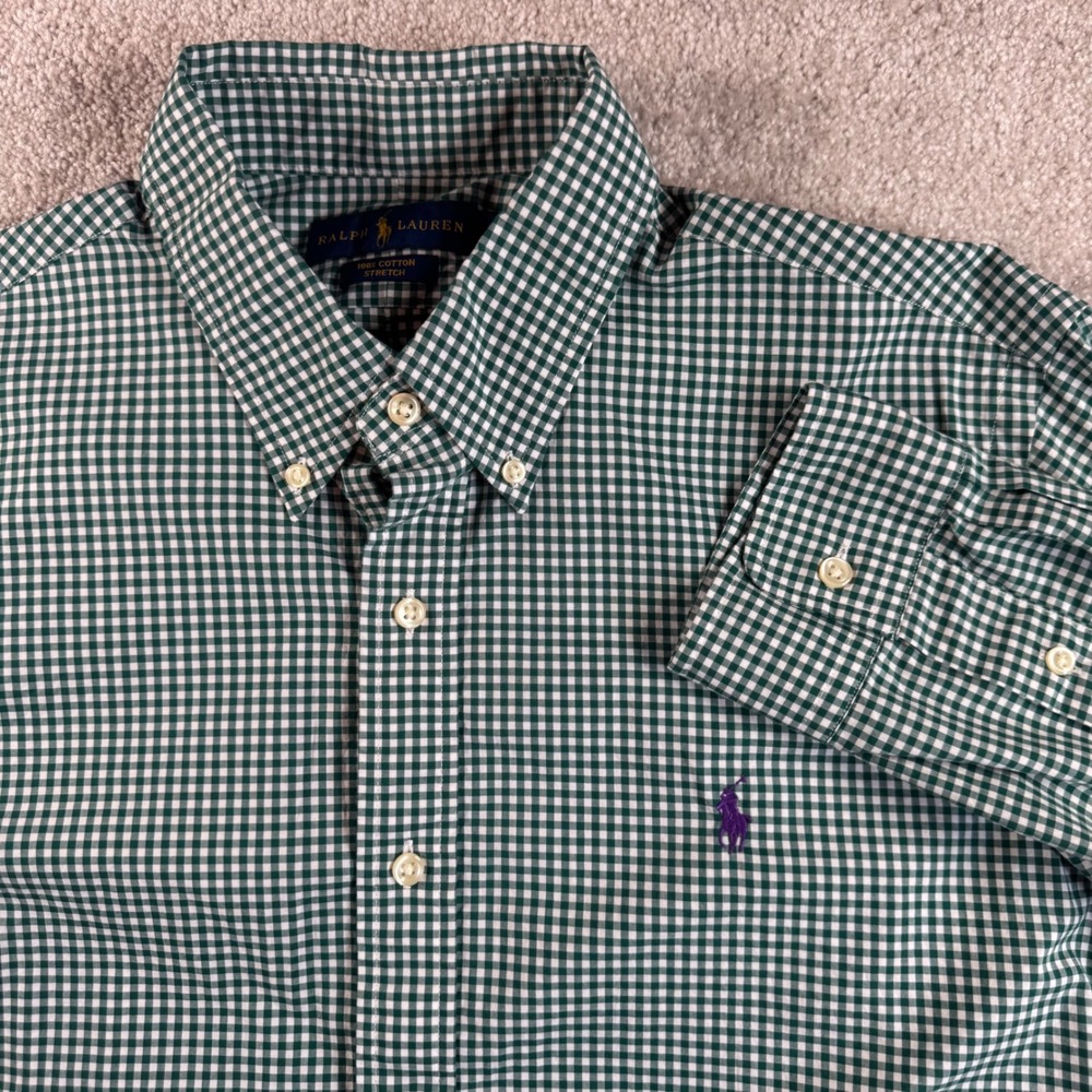 Ralph Lauren Mens Green White Gingham Cotton Stretch Button Down Shirt Large L